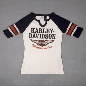 Harley Davidson Genuine MotorClothes Raglan Wing Logo Stripe T-Shirt Women S